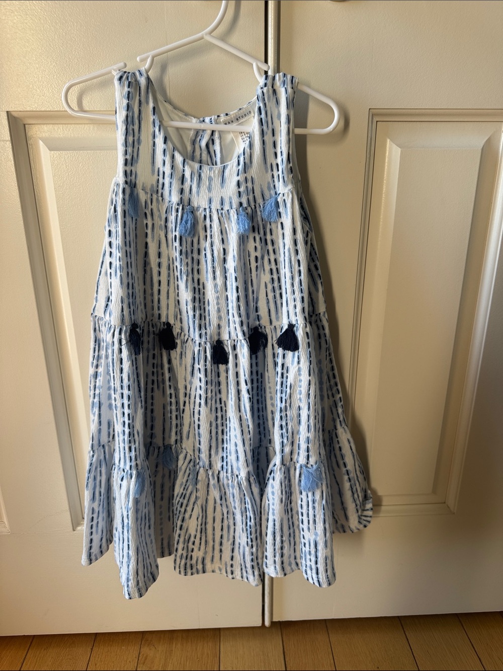 Max Studio Blue and White Tie-Dye Tiered Dress with Tassels